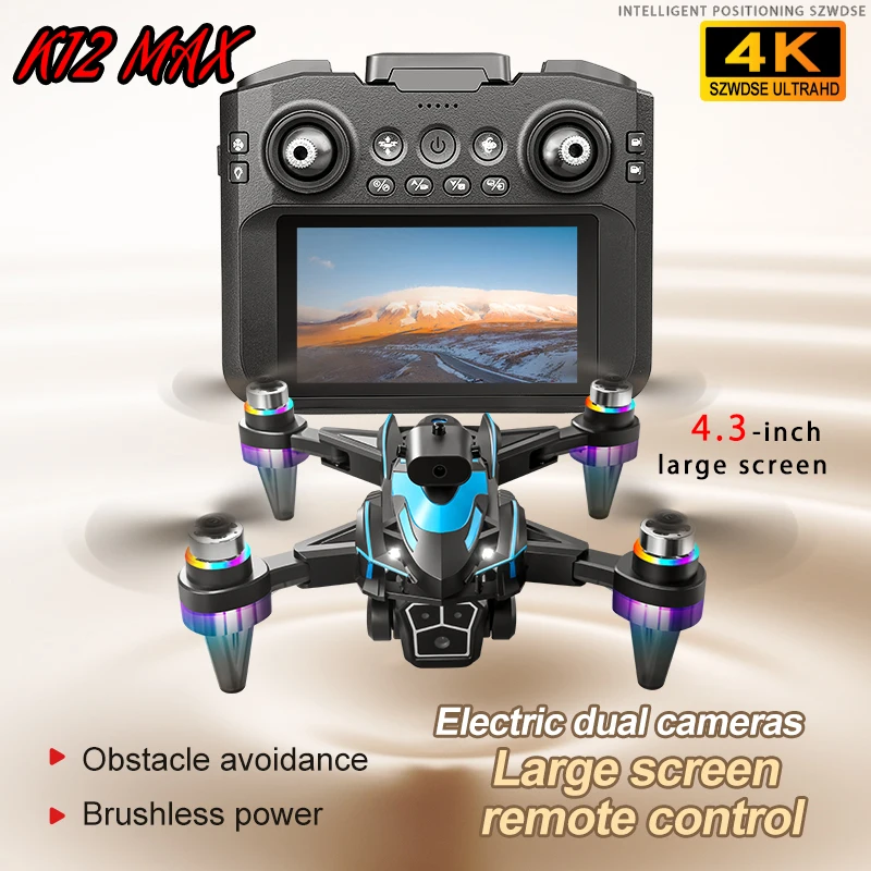 K12 MAX WIFI FPV 4K Two Camera Drone 360 ° Flip Obstacle Avoidance Optical Flow Hover Quadcopter New LCD Screen Remote Control