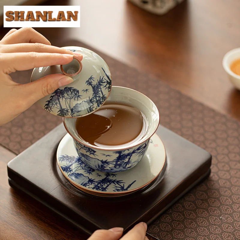 160ml Rretro Old Pottery Clay Gaiwan Vintage Blue And White Landscape Poetry Tea Tureen Tea Making Cover Bowl Ceremony Gift