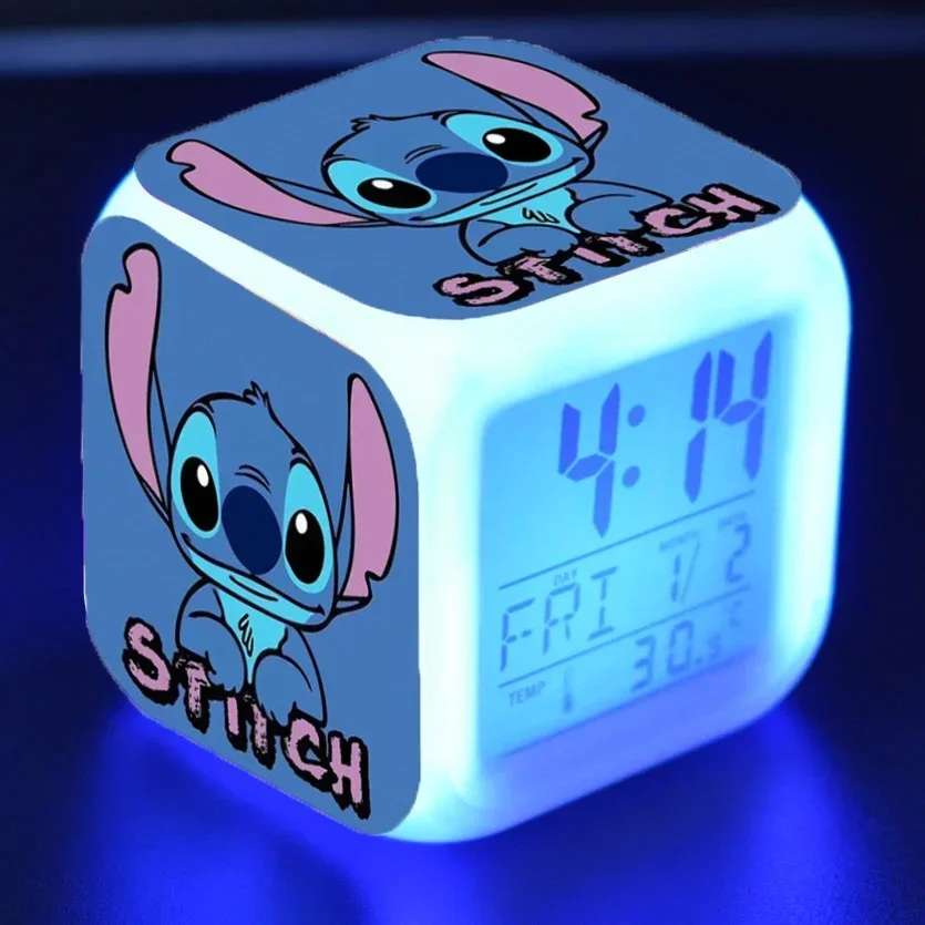 Stitch Disney Lilo&Stitch 7color Variable Alarm Clock Anime Cartoon Cute PVC Stitchs Figure Toy for Kids Birthday Christmas Gift disney frozen alarm clock anime movie character aisha anna colorful discoloration square clock rechargeable birthday gifts