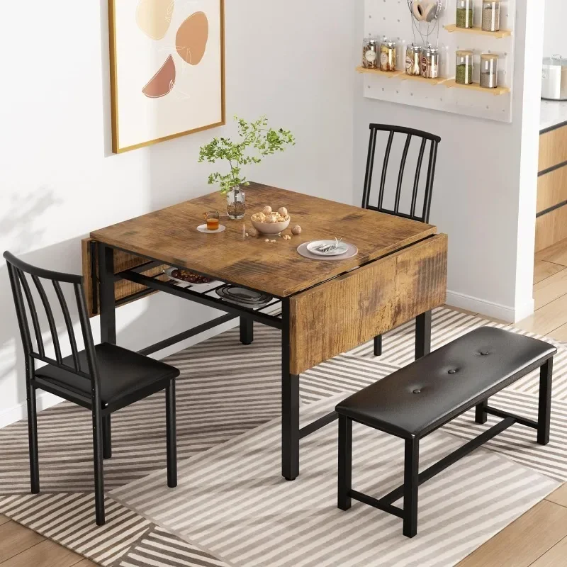 ZHENXIANG Faux Wood Drop Leaf Dining Table with Storage Rack, Space Saving Breakfast Nook Table Set with Chairs and Upholstered
