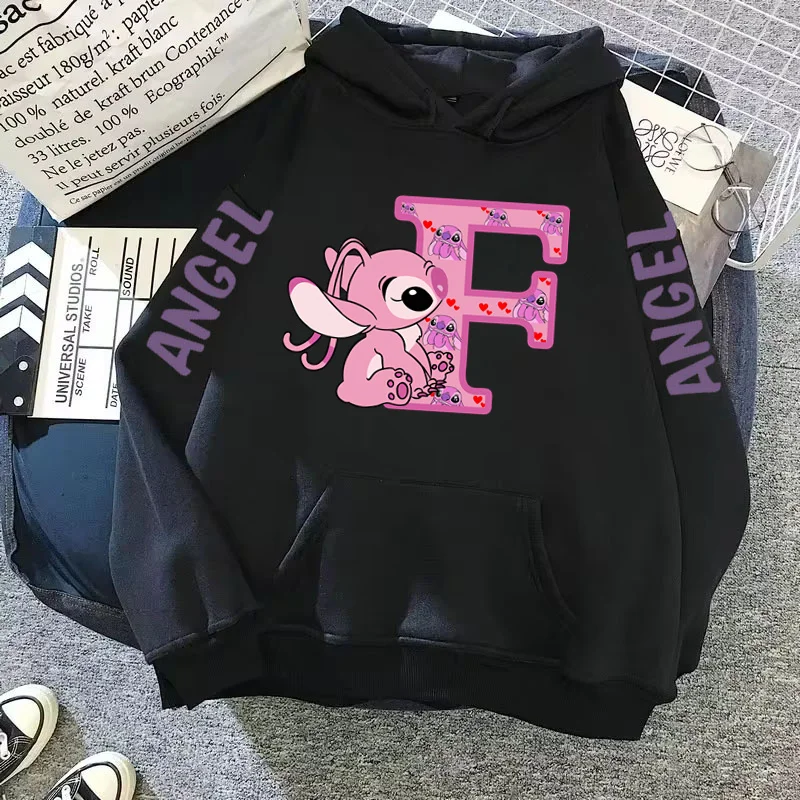 2024 Women's Winter Jacket Cute Kawaii Disney Lilo & Stitch Lucky Letter Print Black Hoodie Fashion Couple Streetwear Sportswear 6