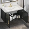 30" Bathroom Vanity with Ceramic Sink, Floating Vanity with Cabinet,with Soft Closing Doors & Gold Metal Handle, Black 2