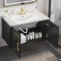 30" Bathroom Vanity with Ceramic Sink, Floating Vanity with Cabinet,with Soft Closing Doors & Gold Metal Handle, Black 2