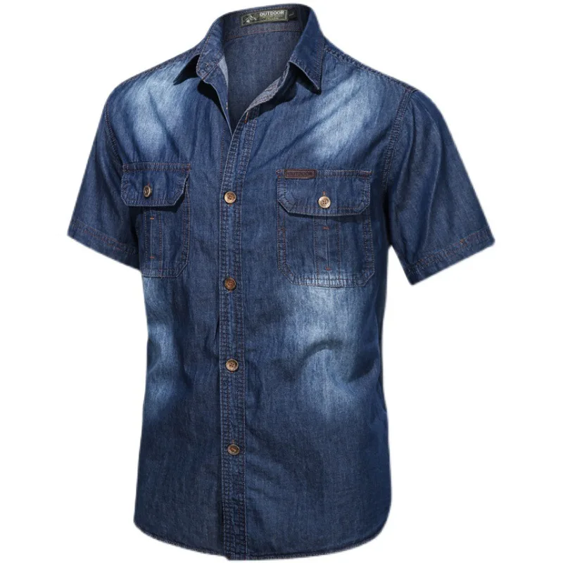 Denim shirt men pure cotton short sleeved American loose fitting workwear ice silk quick drying casual versatile
