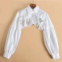 

Women Puff Long Sleeve Half Top Blouse Ruffled Golden Button Detachable False Fake Collar Sweater Decorative Accessories
