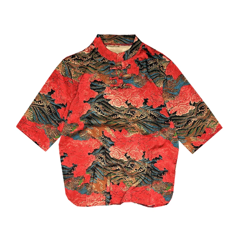 

Fat Men's Short-Sleeved T-shirt Men's Summer Loose Cool Half-Sleeved Ethnic Style Tang Costume Ice Silk Printed Men's Top