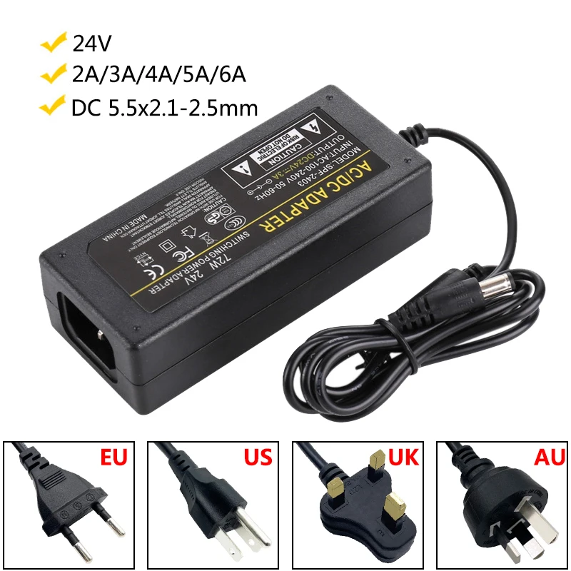 

AC/DC Adapters 24 Volt Power Supply 24v 2a Adaptor 24 v Power Adapter 3A 4A 5A 6A For CCTV LED Lamp Printer Water Pump 5.5*2.5mm