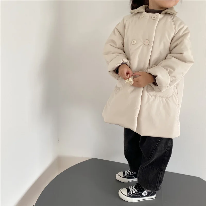 Winter New Product: Children's Collar Long Cotton Jacket, Double breasted Mid length Coat for Boys and Girls, Baby
