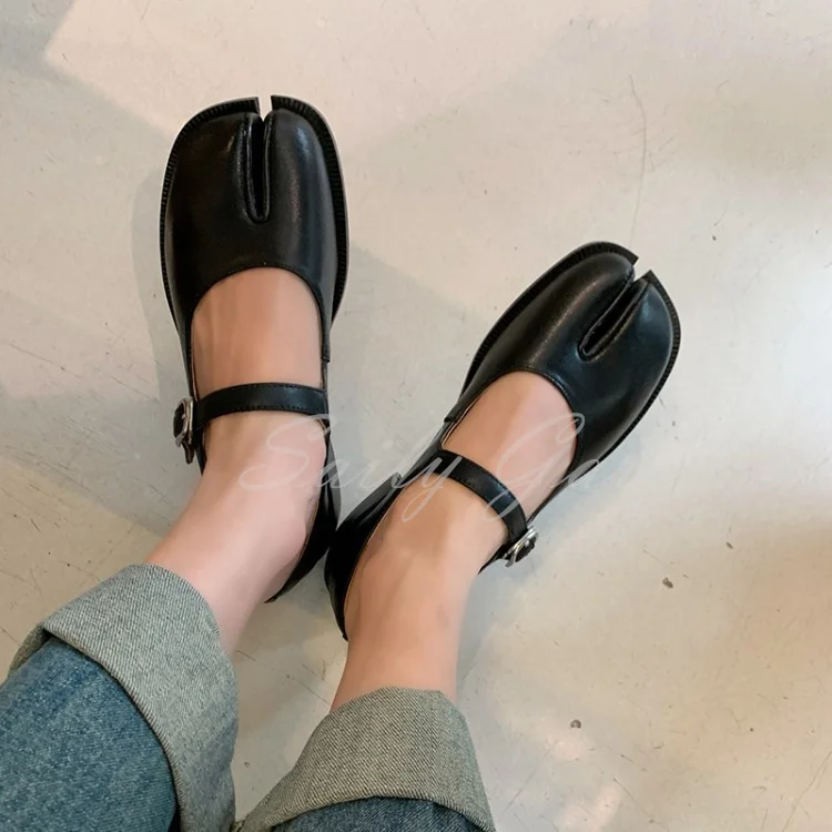 Split Toe Pig's Hoof Shoes For Women Solid Color Cowhide Spring New Style Medium Heel One Line Buckle Shallow Single Shoes