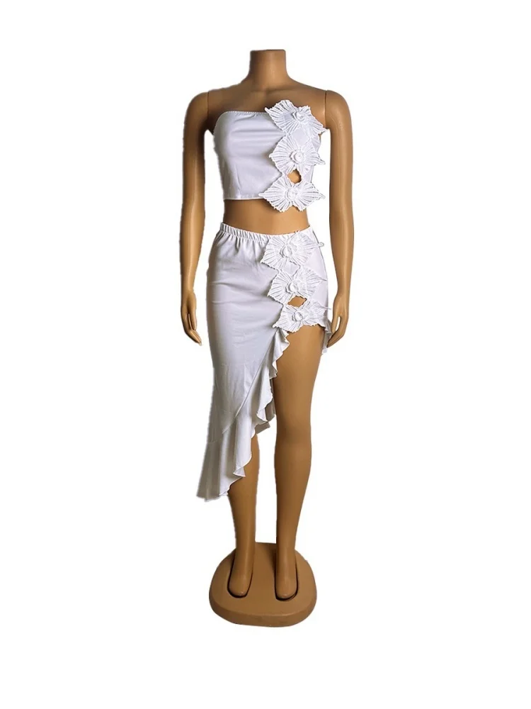 Wmstar Set Women Wholesale High Slit Strapless Ruffled Lace Two Piece Party Summer Outfit Fancy Club Matching Matching Sets 2025