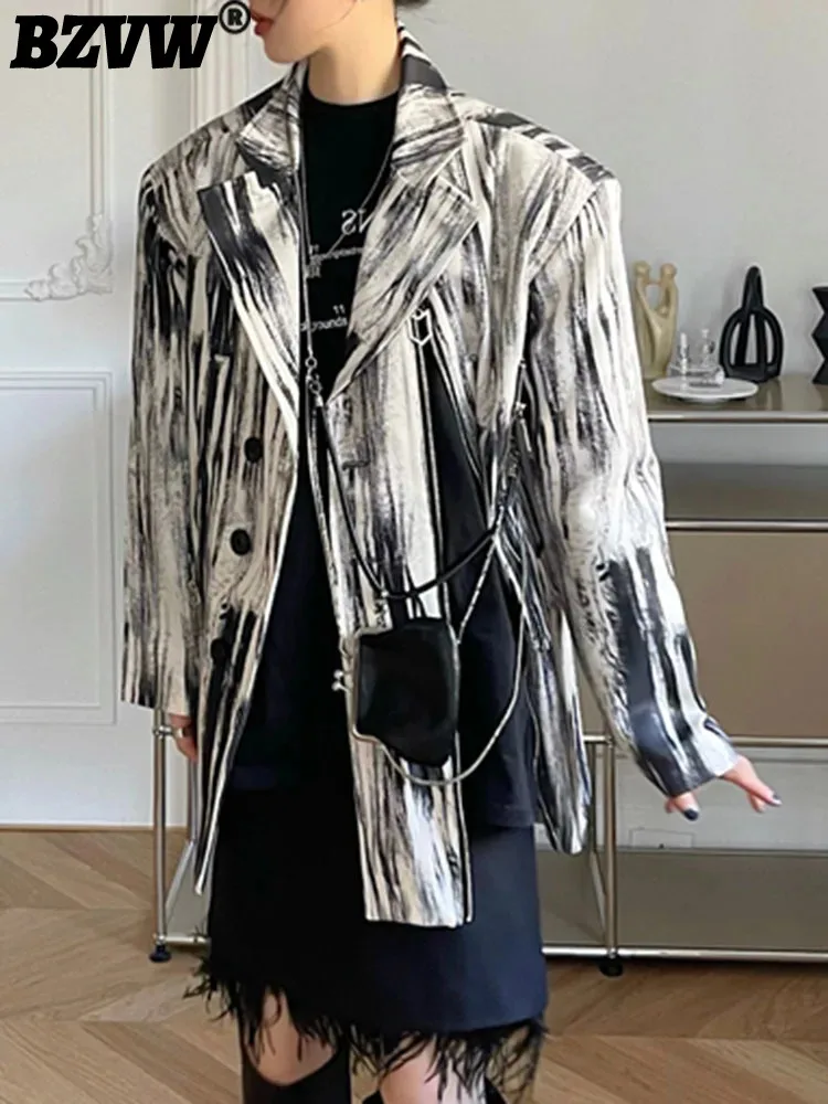 BZVW Grey White Graffiti Suit Jacket Women's 2023 Spring Autumn Versatile Zipper Spliced Designer Fashion Blazers Coat 25X3496