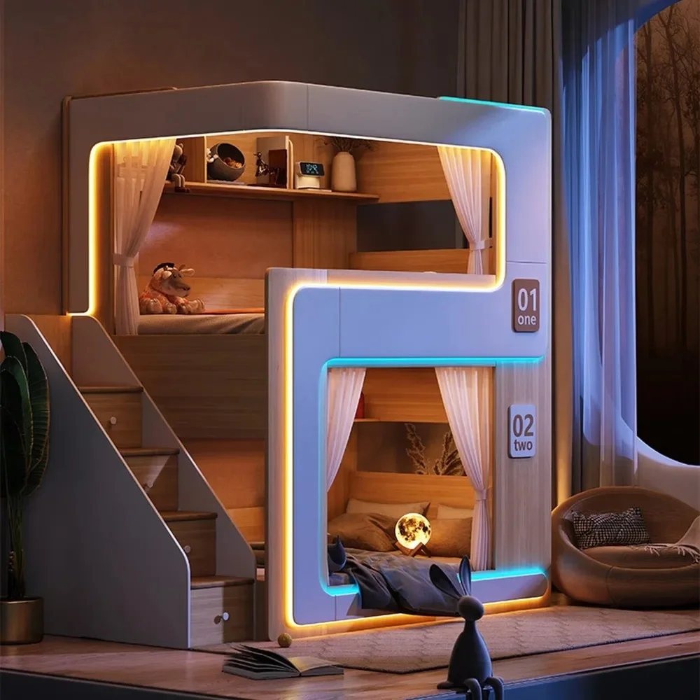 Lit superposé simple pour enfants, style flottant, avec barrière haute et séparation d'intimité, lit double avec doubles étagères 1 Lit superposé simple pour enfants, style flottant, avec barrière haute et séparation d'intimité, lit double avec doubles étagères 1
