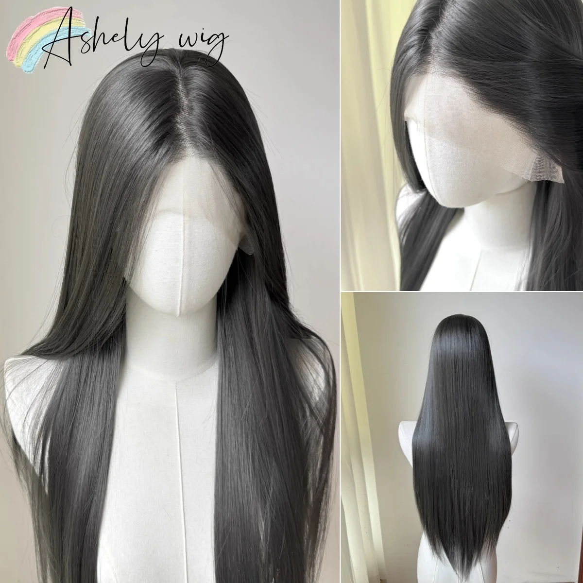 Ashely Gray Black Lace Front Wig 13x4 26inch for Women Glueless Wear and Go Synthetic Lace Front Wig for Daily Use Cosplay