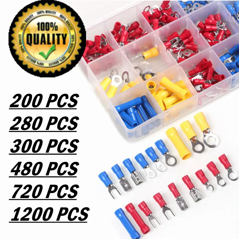 

200/280/300/480/720/1200PCS Insulated Terminal Butt Wire Connectors Spade Butt Ring Fork Set Terminals Assorted Kit