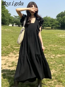 Summer Ruffle Cotton Long Sleeve Backless Dress Women Elegant Vintage Ladies Dresses Vestidos Robe Femme Pleated Woman Dress