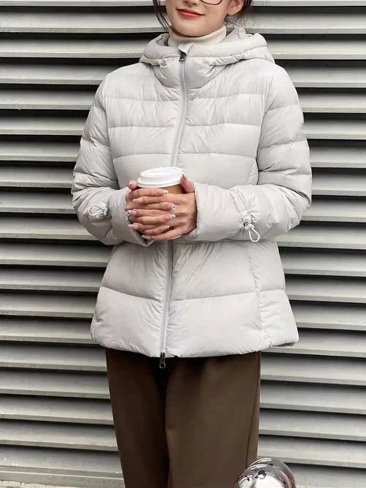 

Women Down Coat Solid Color Zipper Pockets Slim Waist Winter Fashion Warm Hooded Jackets