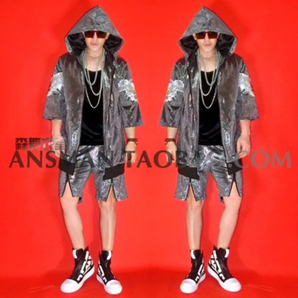 

British Fashion Bar Nightclub Singer DJ Party Silver Hip Hop Baseball Suit Cloak Summer Men's Casual Performance Clothing YJ001