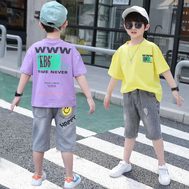 

4-14T Boys Summer Clothing Set Fashion Letters Printed O-Neck Short Sleeve T-shirt & Jeans Two Pieces Suits High Quality