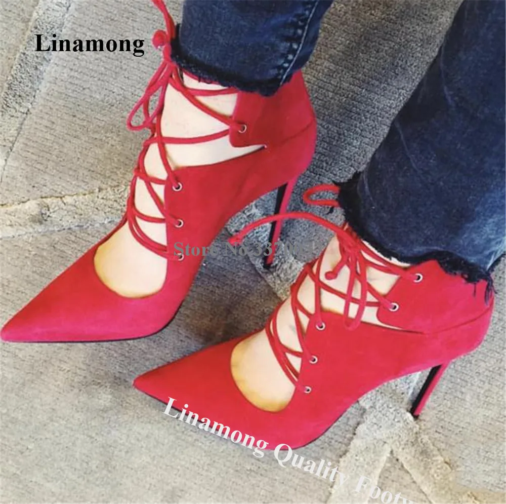 

Linamong Red Leopard Stiletto Heel Short Gladiator Boots Pointed Toe Cut-out Lace-up Suede Thin Heel Ankle Booties Big Szie Pump