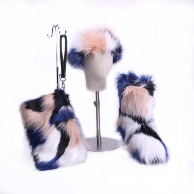 wholesale warm plush furry snow boots for kids children with mom 3 pieces sets headband handbag with fur boots