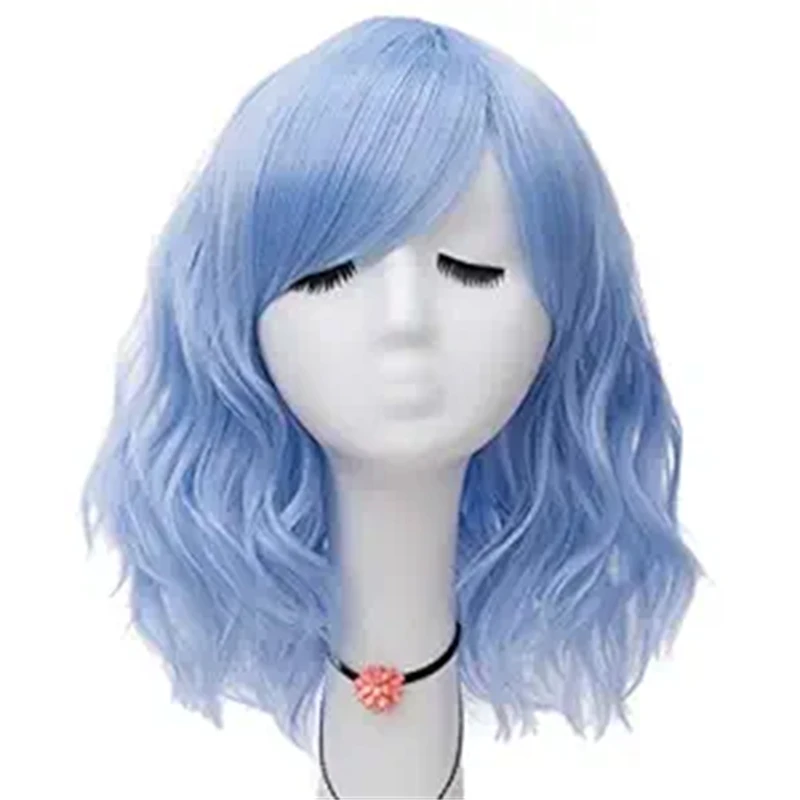 

Women Synthetic 16 Inches Loose Wave Medium Length Light Blue Cosplay Costume Wigs Side Bangs