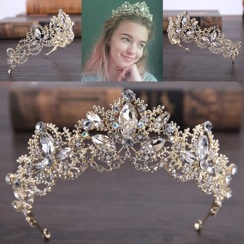 New Fashion Baroque Luxury Crystal AB Bridal Crown Tiaras Light Gold Diadem Tiaras for Women Bride Wedding Hair Accessories janevini 22cm burgundy wedding bouquet waterfall pearls rhinestones bride satin roses ivory crystal bridal flowers nepbloemen