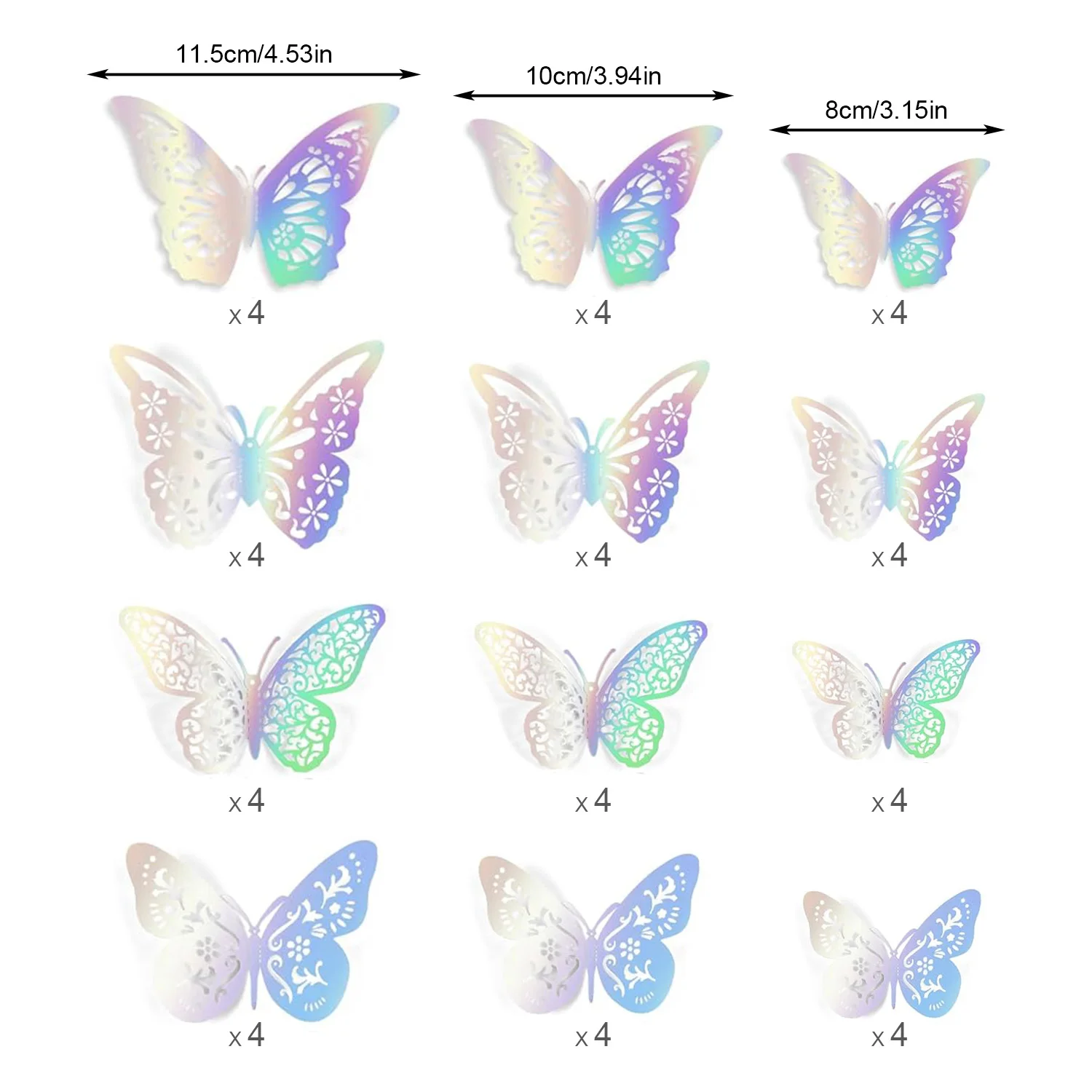 Butterfly Decorations 48 Pcs Rainbow Silver 4 Styles 3 Sizes 3D Party Wall Decor Butterflies