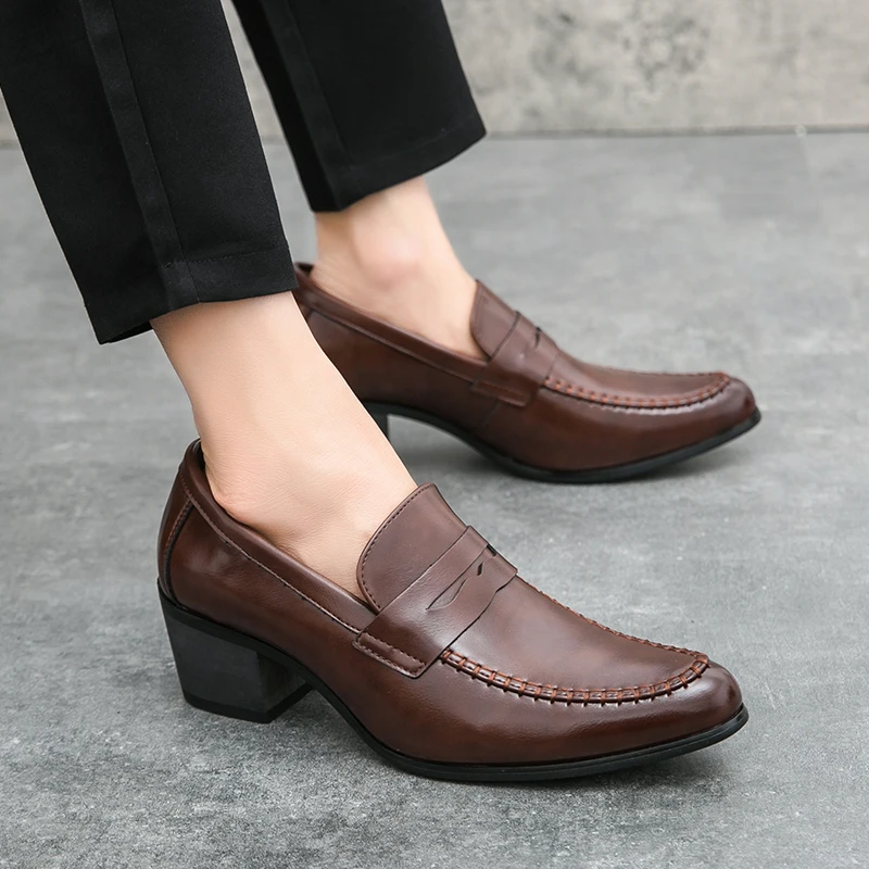 Men Retro Dress Shoes Black Brown Medium High Heels European and American Business Banquet Cuban Leather Shoes Size 38-45 2