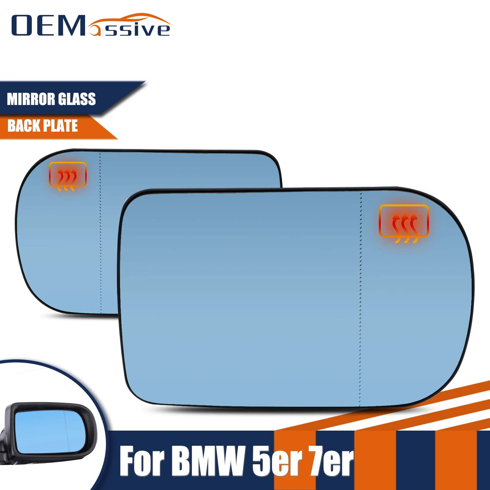 For BMW 5 Series E39 2000 - 2003 Facelift 7 E38 1995 - 2001 Driver Passenger Door Side Wing Mirror Glass Heated Blue With Plate