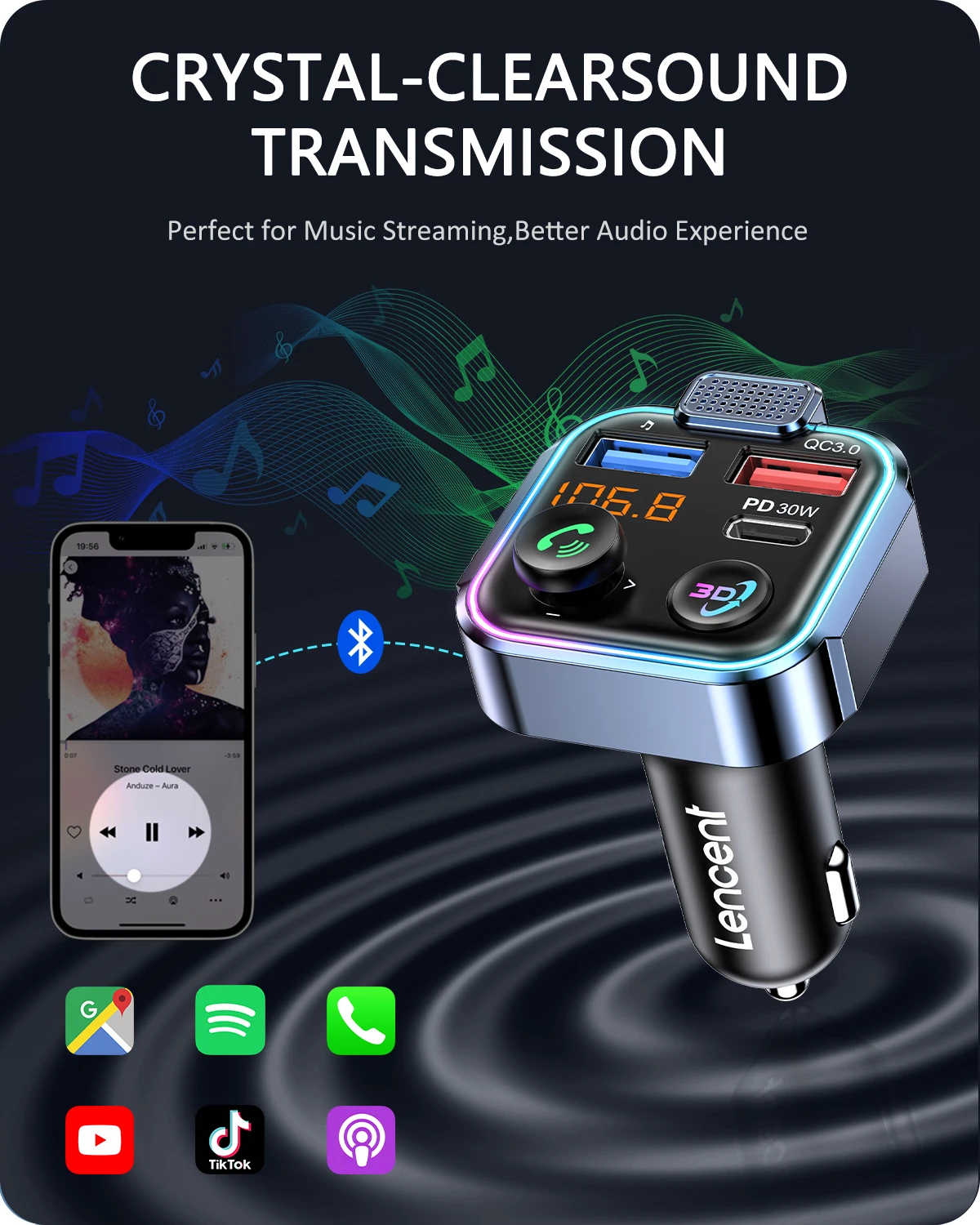 LENCENT Bluetooth 5.3 FM Transmitter with Type C PD 30W & QC3.0 USB Fast Charger Hands-free Supporting USB Memory Stick Adapter BEST SELLERS LENCENT Bluetooth 5.3 FM Transmitter with Type C PD 30W & QC3.0 USB Fast Charger Hands-free Supporting USB Memory Stick Adapter BEST SELLERS