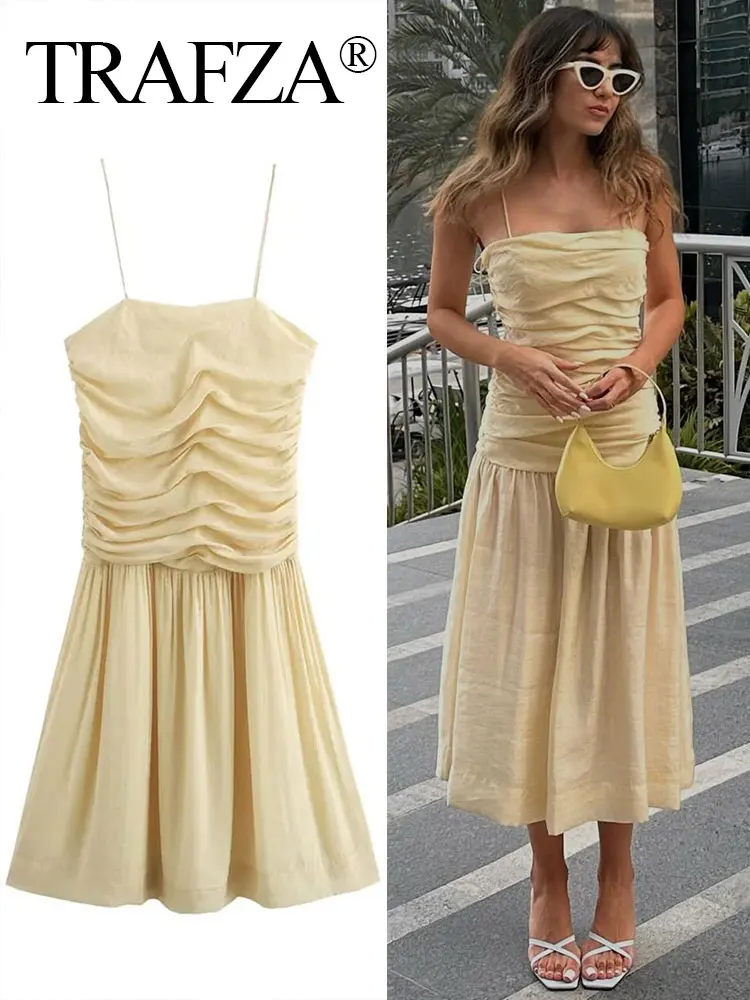 

TRAFZA 2024 Summer Women's Dress Spaghetti Strap Solid Backless Slim Female Midi Dress Beach Style Chic Sexy Woman Pleated Dress
