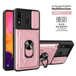 Anti-Drop Armor Stand Phone Case with Ring Holder and Card Slot for Galaxy A30S (Rose gold)