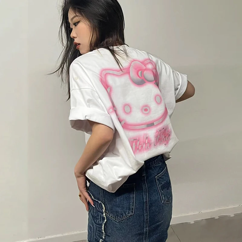 

Kawaii Sanrio Anime T-Shirt Cute Hello Kitty Cartoon Cotton Soft Printed Loose and Simple Casual Short Sleeves Gifts for Girls