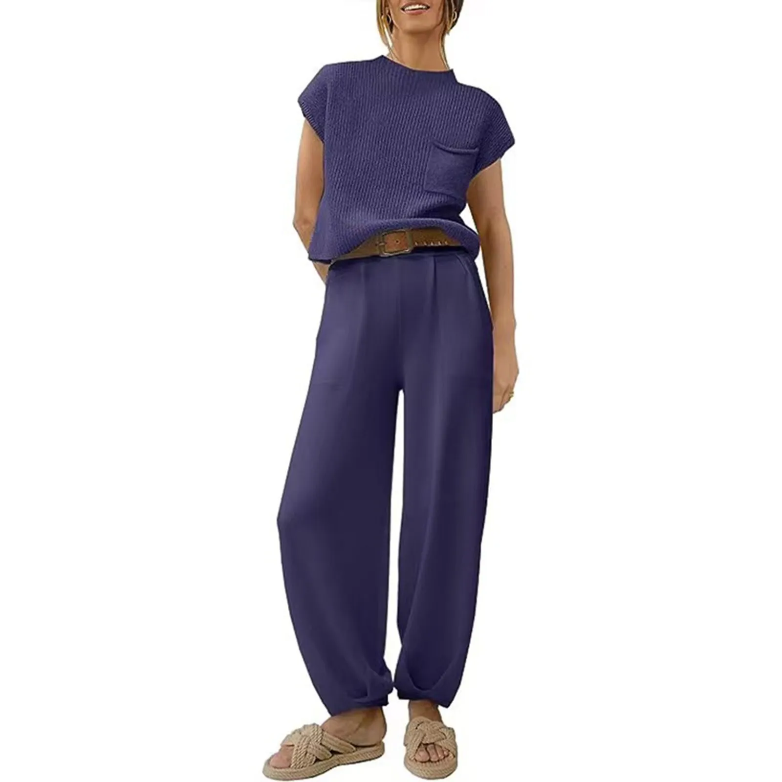 Sports Suit Women Solid Color Pocket Sleeveless Leggings Two Pieces
