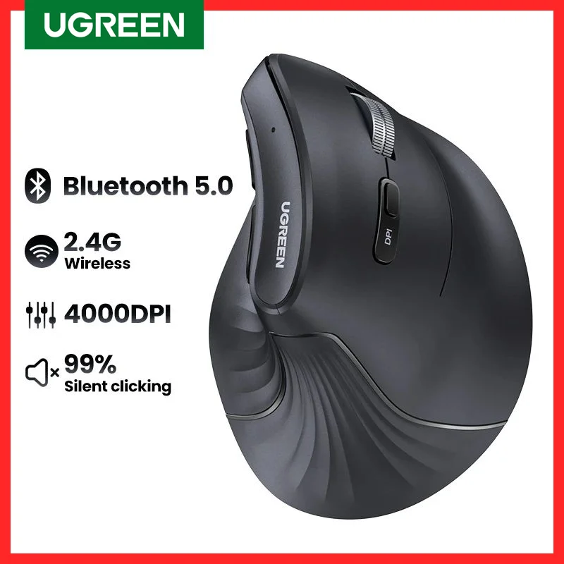 

UGREEN Vertical Mouse Wireless Bluetooth5.0 2.4G Ergonomic 4000DPI 6 Mute Buttons for MacBook Tablet Laptops Computer PC Mice