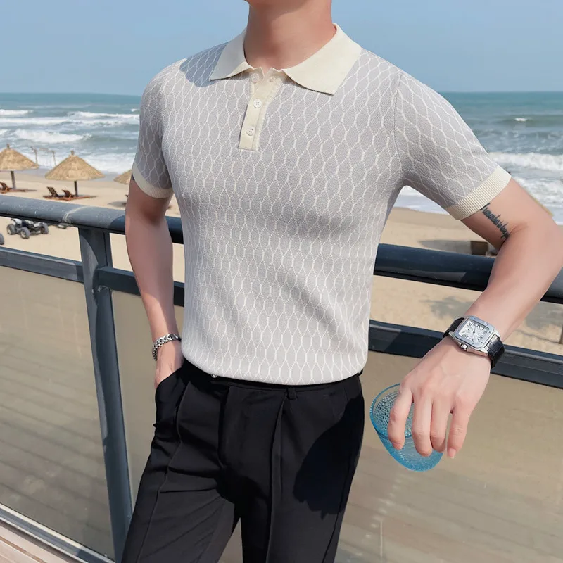 2023 Summer Diamond Plaid Knitted Polo Shirt Men's Ice Silk Short Sleeve Slim Fit Lapel T-shirt Streetwear Plus Size 4XL-M