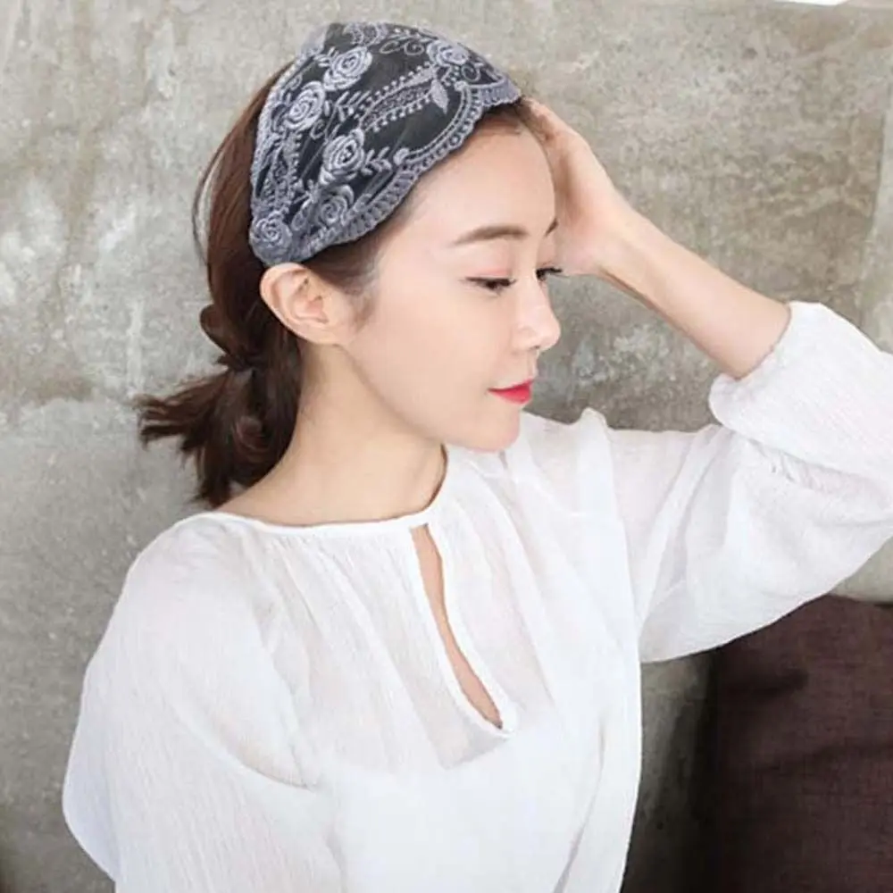 

Transparent Lace Flower Headband Lightweight Non Slip Mesh Hollow Hairbands Korean Style Elastic Wide Side Head Wrap Mother