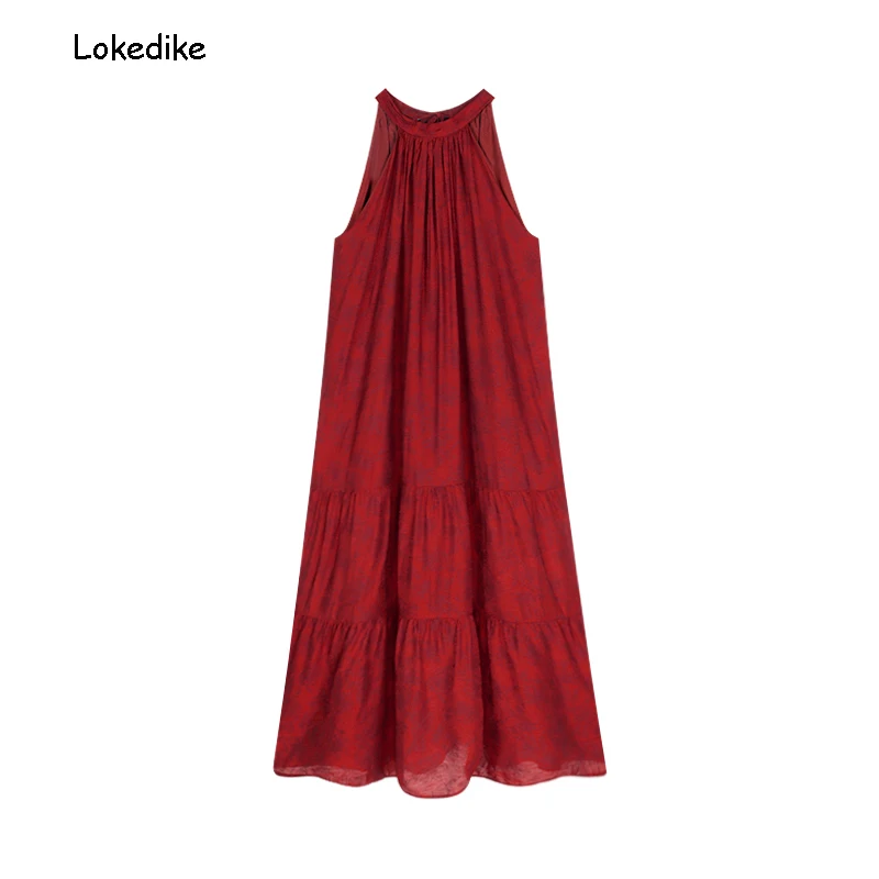 

Women Summer Red Dresses Printing Halter Sleeveless A-Line Loose Long Vestidos Female Vacation Maxi Dress