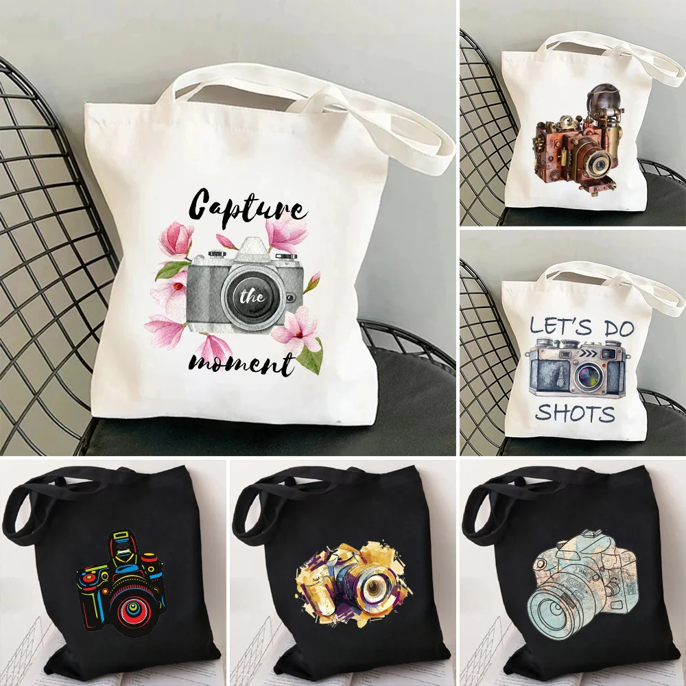 

Retro Watercolor Photographer Flowers City Mountain Sunset Camera Women Canvas Shopper Cotton Tote Bag Shopping Shoulder Handbag