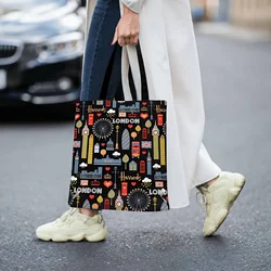London Icons Canvas Tote Bag - Durable Everyday Shoulder Bag featuring Big Ben, Taxi & Red Bus Design - 38X40cm (001)