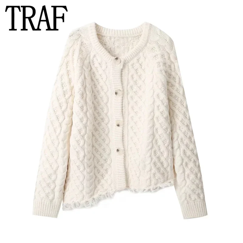 

TRAF Cable Knitted Cardigan Woman Asymmetric Knit Sweater Women Long Sleeve Women's Warm Cardigan Frayed Autumn Winter Sweater