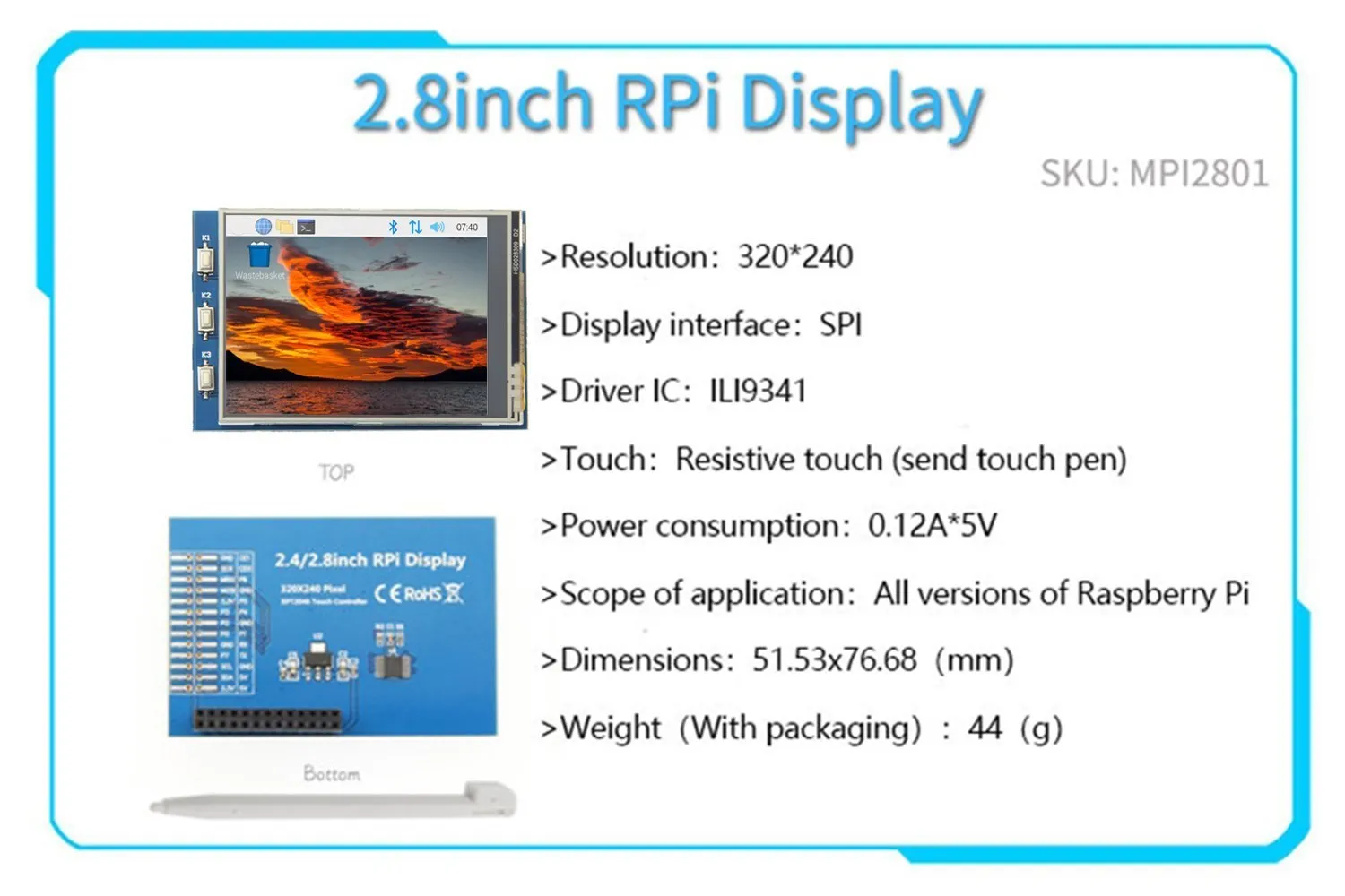 3.2/2.8/3.2/3.5 pollici serie GPIO Display Touch Screen da 2.4 pollici/2.8 pollici/3.2 pollici/3.5 pollici per Raspberry Pi 4B 3B B + - immagine 6
