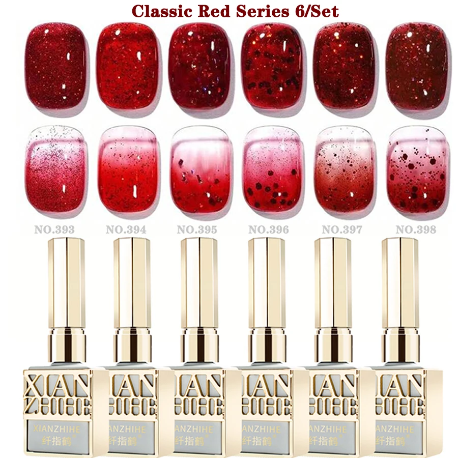 6-Piece Festive Red Nail Gel Polish Set with Glitter & Solid Colors