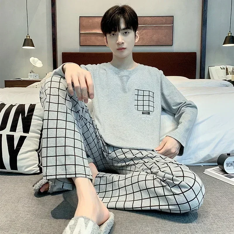 New Men's Pajamas Cotton Long Sleeved Pants Set Simple and Loose Fitting Casual Youth Home Wear in Spring and Autumn and Winter