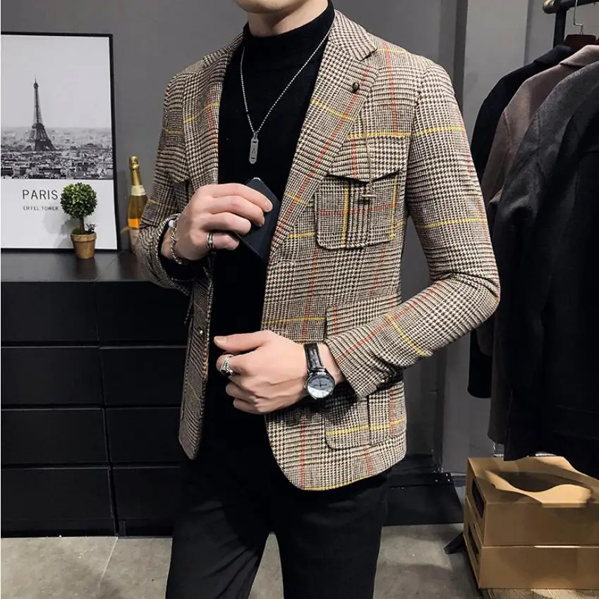 Men Blazers Spring Men Plaid Blazers British Printed Wedding Business Casual Blazer Suit Jacket Male Formal Blazers Plus Size S-3XL