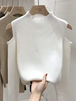 سترة نسائية موضة خريف وشتاء 2025 بدون أكتاف بلوفرات بلون سادة وأكمام طويلة مفرغة بياقة مدورة سترة نسائية 5