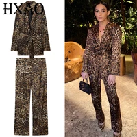 HXAO Women's Blazer Autumn Retro Leopard Oversize Suit Jacket Elegant Belt Long Sleeve Blazers Ladies Old Money Style Outerwears