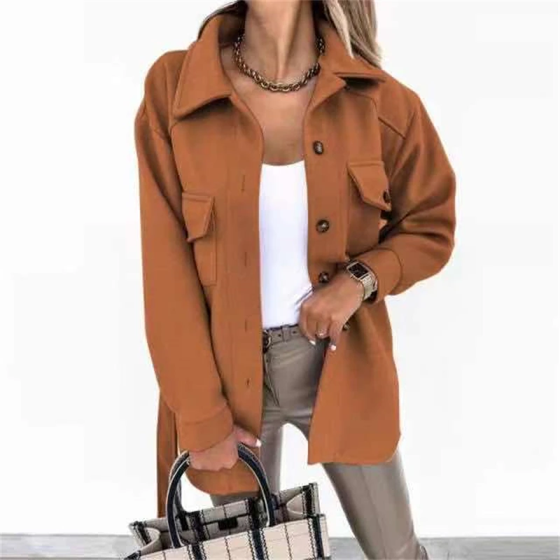 2023 Autumn and Winter Women Fashion Bandage Single Breasted Woolen Coat Ladies Elegant Long Sleeve Solid Loose Outewear Jacket