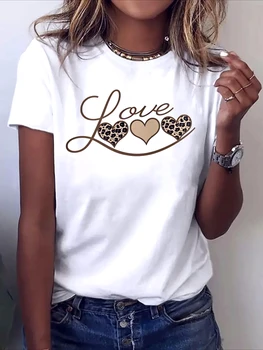 Leopard Heart Print Tshirt Women Sleeve Crew Neck Casual Top for Spring Summer Trendy Choice Harajuku Sleeve Aesthetic Clothes 1