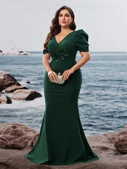 فستان سهرة فاخر بأكمام قصيرة مقاس كبير لعام 2024، فستان كوكتيل أنيق طويل أخضر لحفلات الزفاف والحفلات الراقصة 5